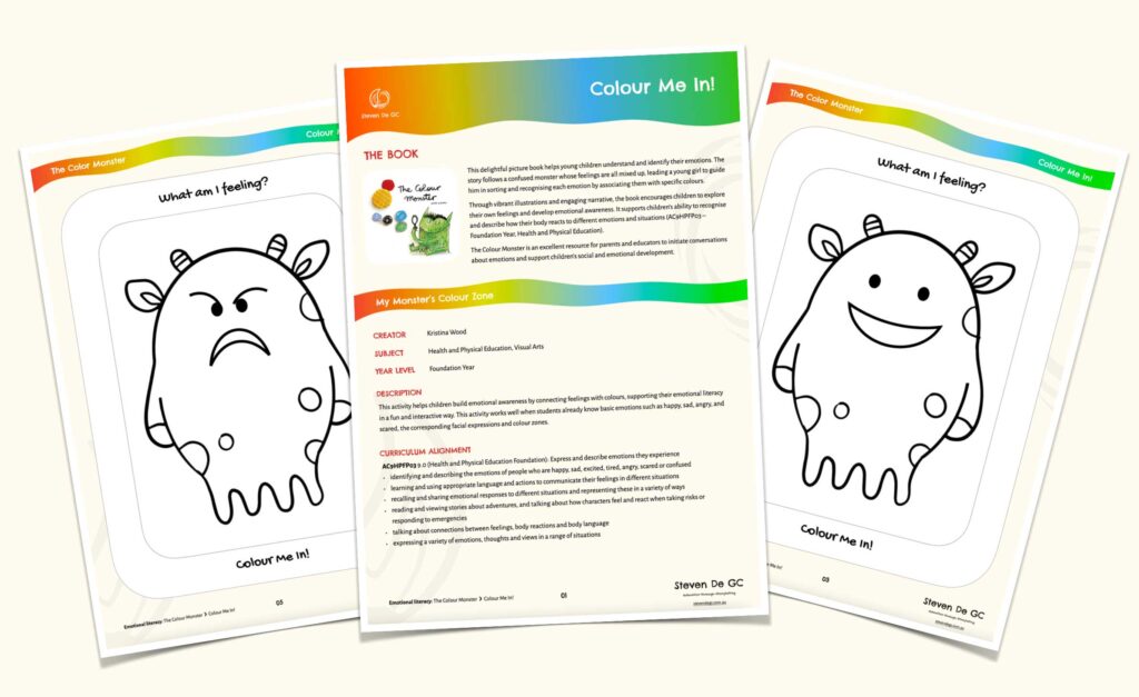 Colouring the monster character in The Colour Monster supports emotional and visual literacy in early childhood education.