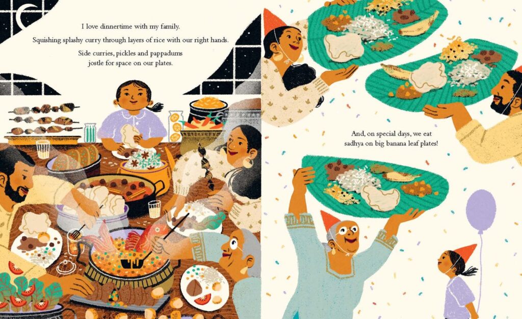 Indian culture beautifully portrayed through a sumptuous dinner in Stay For Dinner by Sandhya Parappukkaran supports visual literacy in early childhood education.